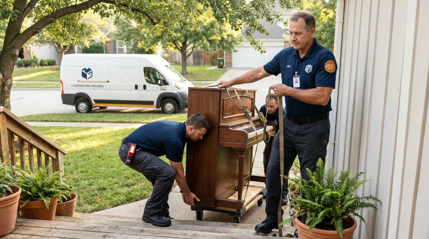 Licensed piano movers securing grand piano in Suamico, WI