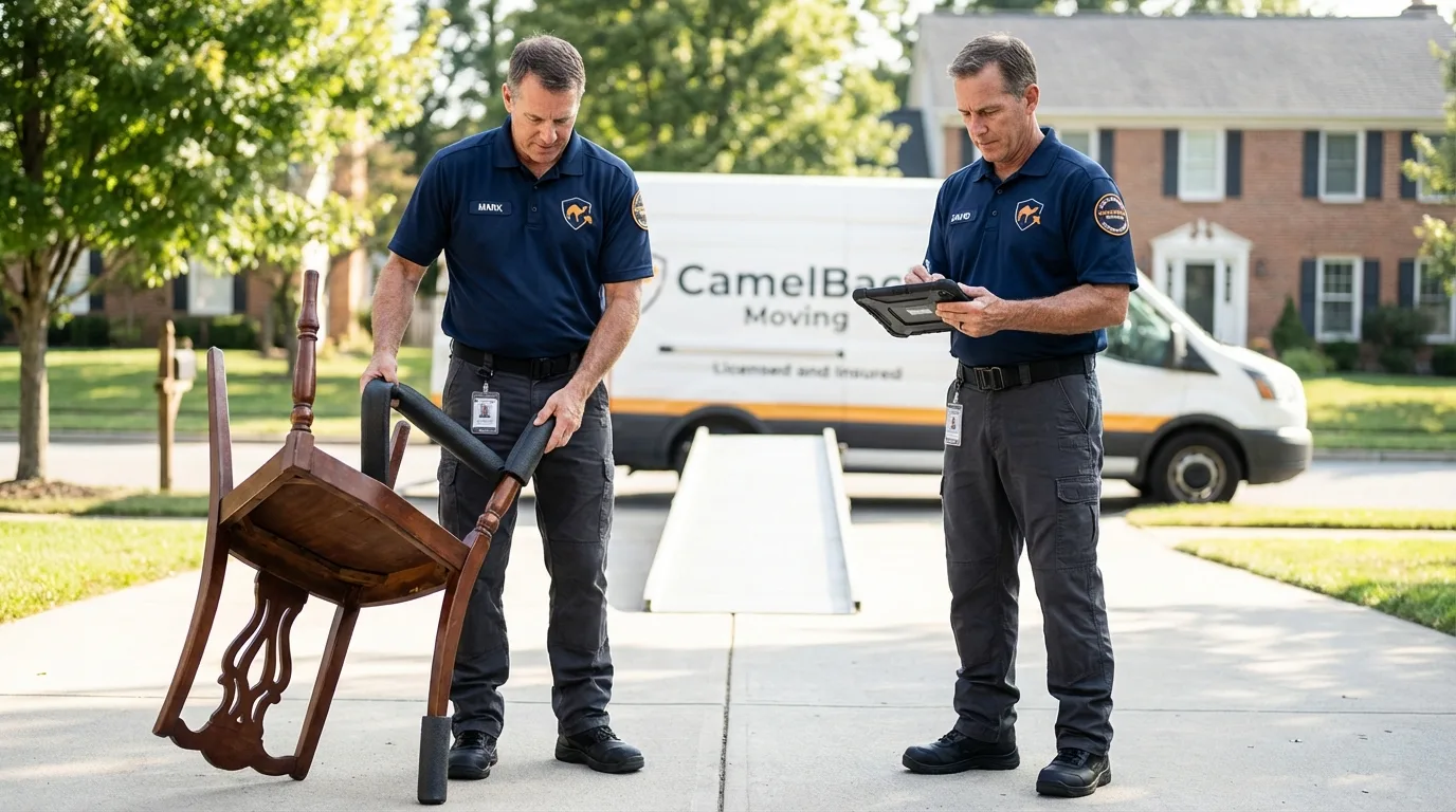 Movers inspecting furniture for damage prevention before loading in Suamico, WI