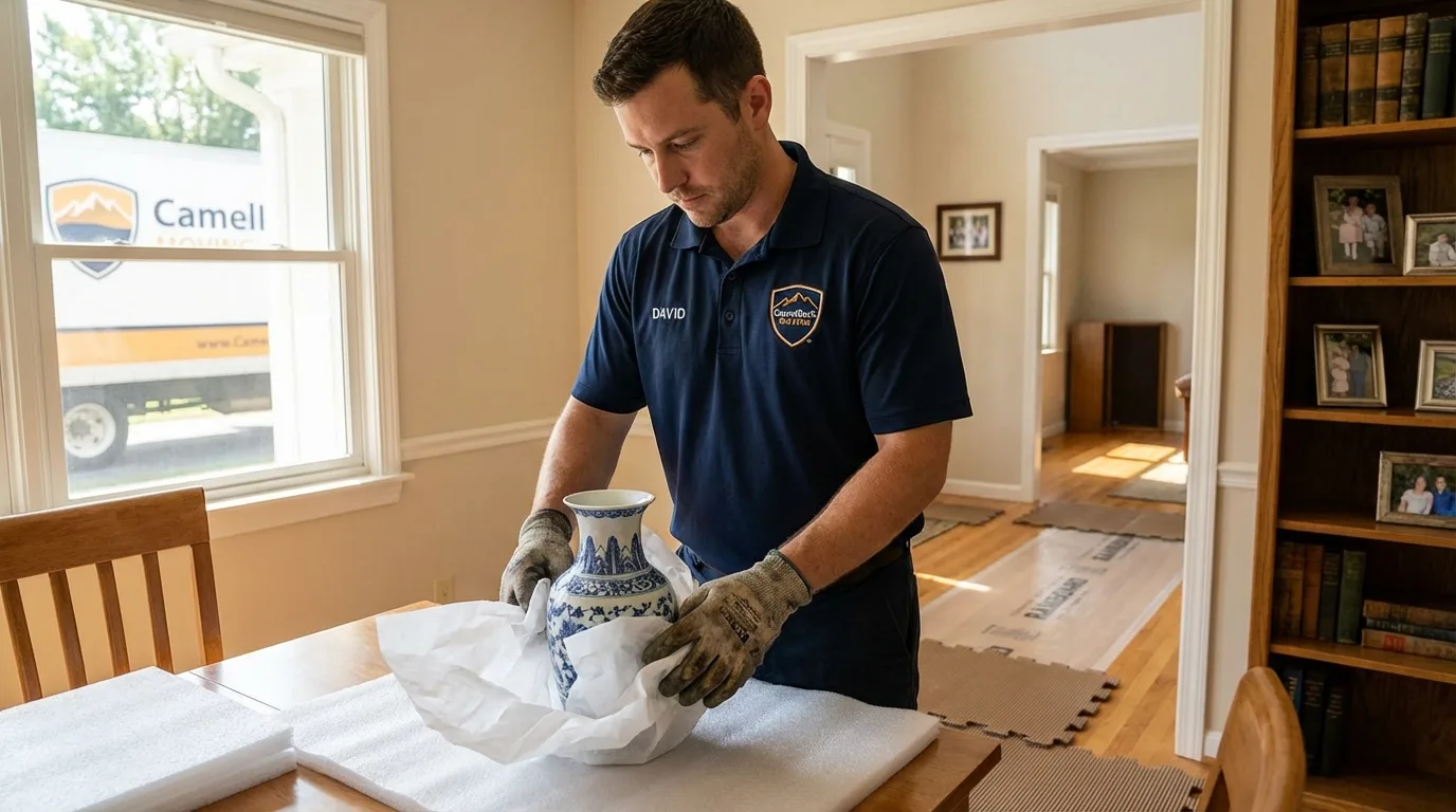 Professional crew carefully wrapping antique vase for senior downsizing move in Suamico, WI